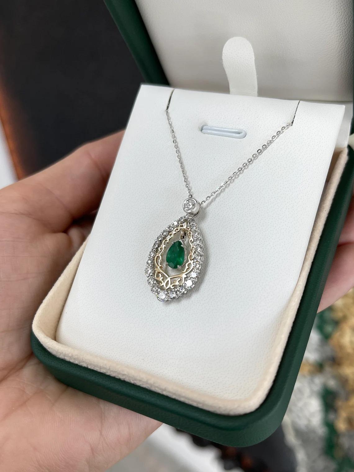 1.43tcw 14K Dark Green Pear Emerald & Round Diamond Accent Vintage Two Tone Pend In New Condition For Sale In Jupiter, FL