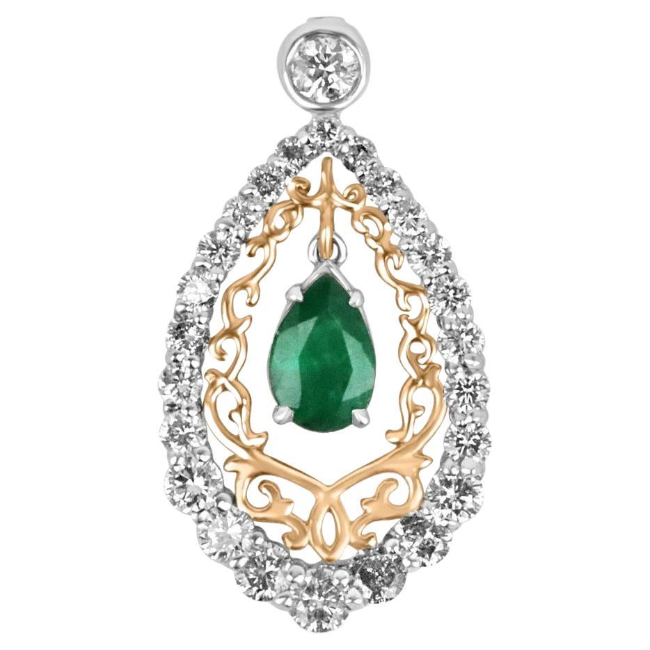 Pendule vintage bicolore 14 carats avec émeraude poire verte foncée et diamants ronds, 1,43 carat poids total