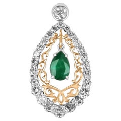 1.43tcw 14K Dark Green Pear Emerald & Round Diamond Accent Vintage Two Tone Pend