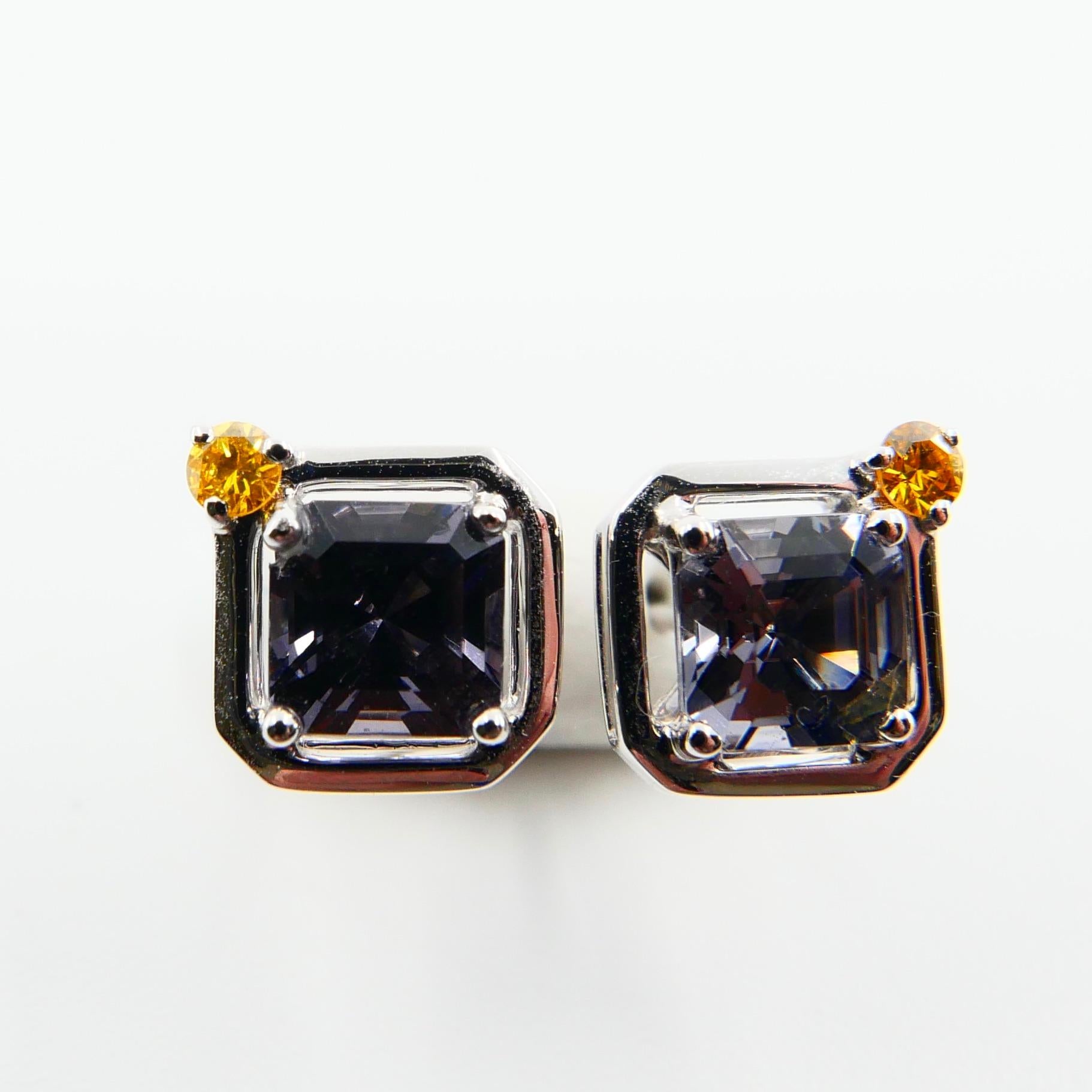 Asscher-Schliff Spinell 5 mm x 5 mm & Fancy Vivid Yellow Diamant 18K Ohrstecker. im Angebot 7