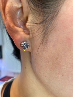 Asscher Cut Spinel 5mm x 5mm & Fancy Vivid Yellow Diamond 18K Stud Earrings.