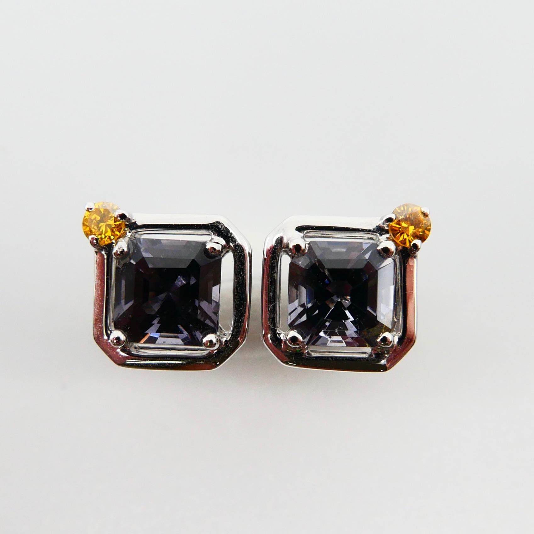 Asscher-Schliff Spinell 5 mm x 5 mm & Fancy Vivid Yellow Diamant 18K Ohrstecker. im Angebot 1