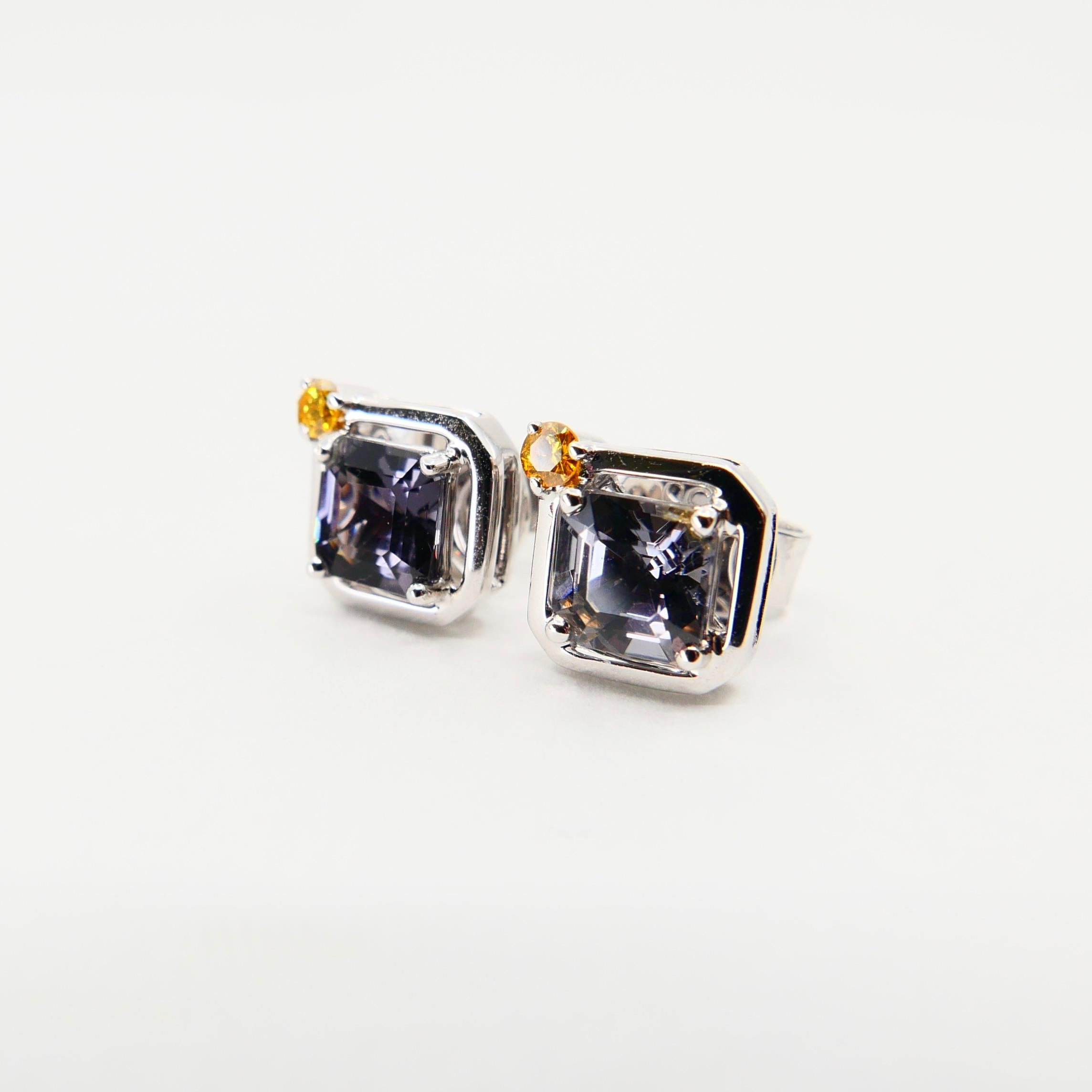 Asscher-Schliff Spinell 5 mm x 5 mm & Fancy Vivid Yellow Diamant 18K Ohrstecker. im Angebot 2