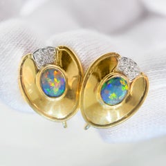 1.44 Carat Australian Black Opal, Diamond & 18k Gold Earrings