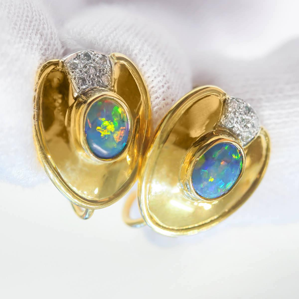 Cabochon 1.44 Carat Australian Black Opal, Diamond & 18k Gold Earrings For Sale