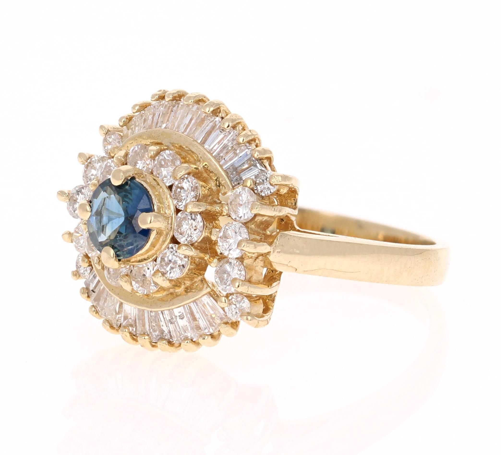Modern 1.44 Carat Blue Sapphire Diamond 14 Karat Yellow Gold Ballerina Ring