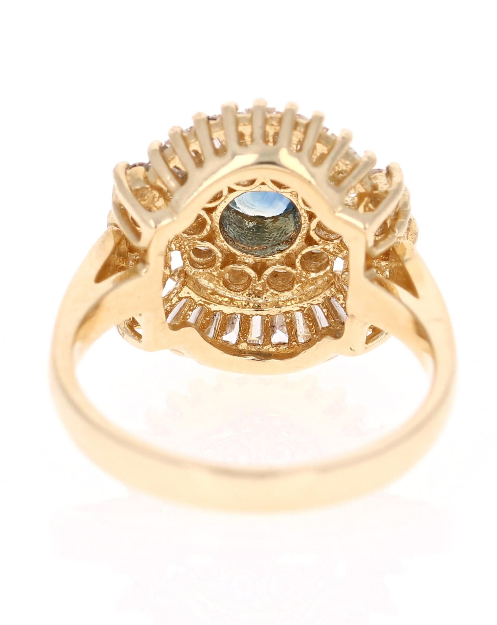 Round Cut 1.44 Carat Blue Sapphire Diamond 14 Karat Yellow Gold Ballerina Ring