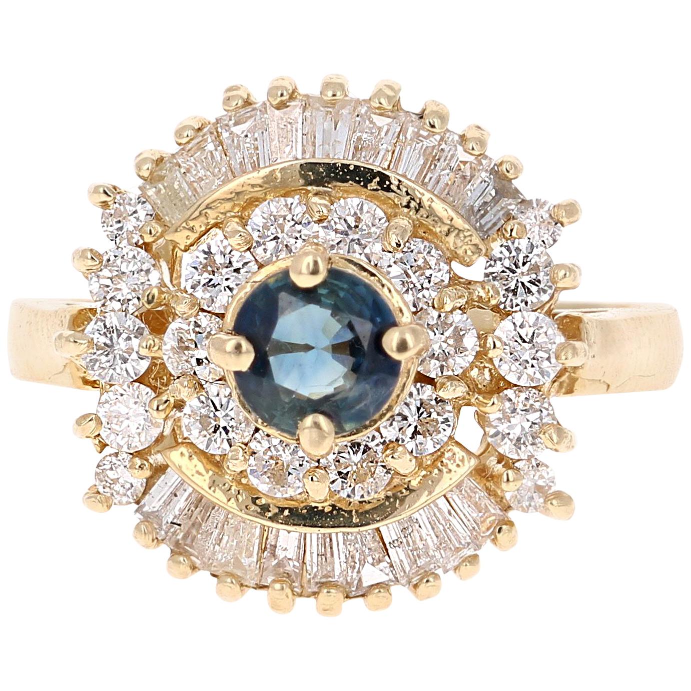 1.44 Carat Blue Sapphire Diamond 14 Karat Yellow Gold Ballerina Ring
