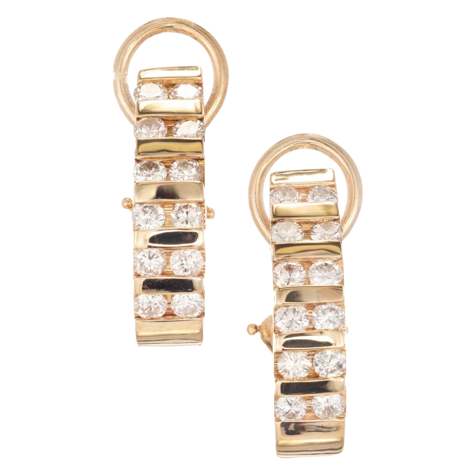 1.44 Carat Diamond Channel Half 14k Yellow Gold Clip Post Hoop Earrings For Sale