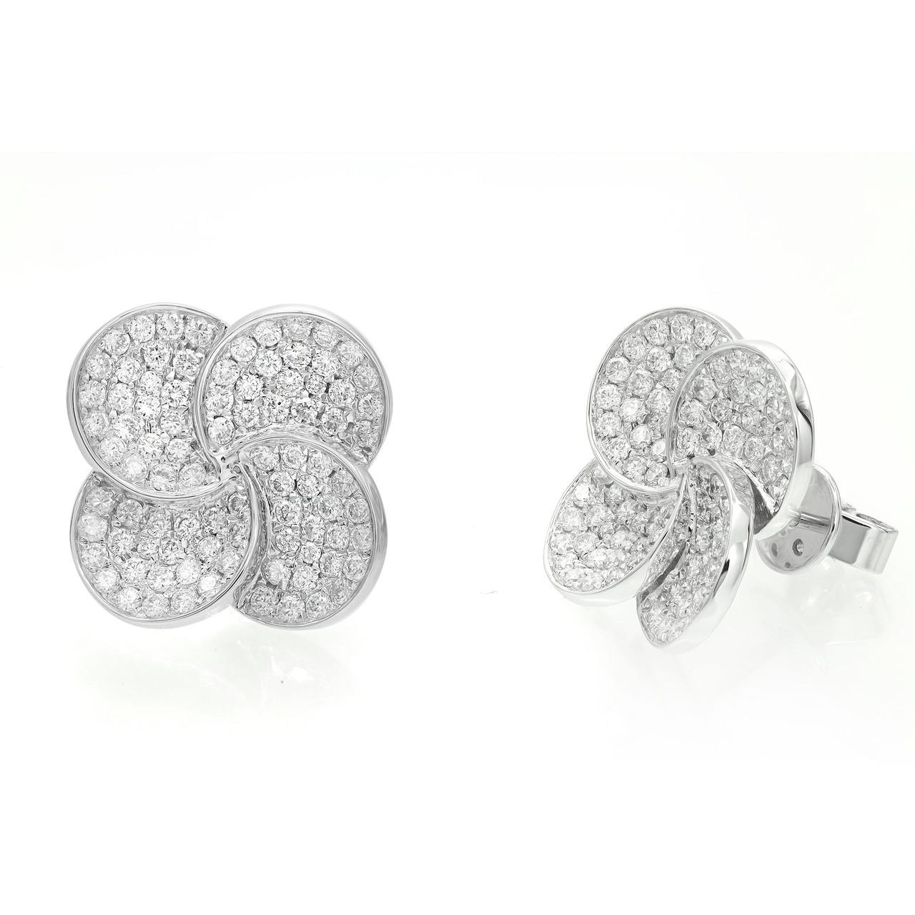 Round Cut 1.44 Carat Diamond Flower Stud Earrings 18K White Gold For Sale