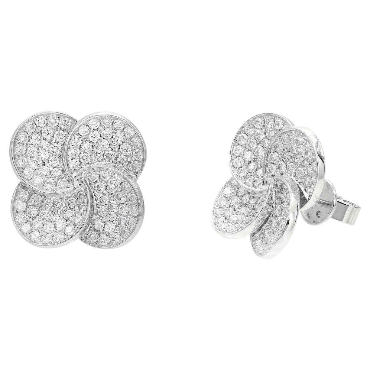 1.44 Carat Diamond Flower Stud Earrings 18K White Gold For Sale