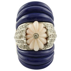 Bague à la mode en or rose et diamants 1,44 carat, corail rose 1,30 G, lapis 5,40 G
