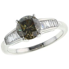 1.44 Carat Fancy Dark Greenish Gray Round Brilliant Diamond Ring, Platinum