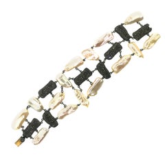 144 Carat Freshwater Pearl Diamond Bracelet Oxidized Sterling Silver, 14Kt Gold