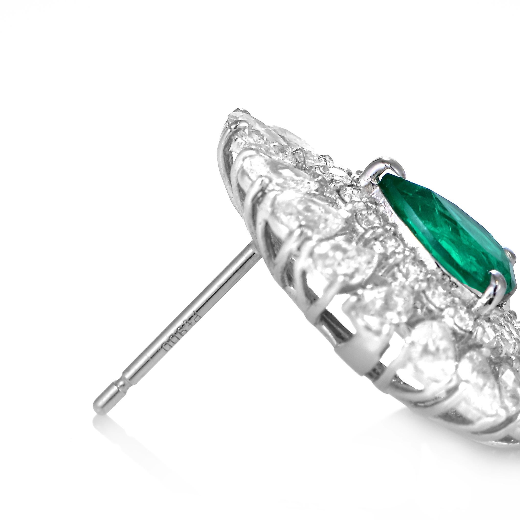Pear Cut 1.44 Carat Natural Colombian Emerald & Diamond Earrings Made in Platinum For Sale