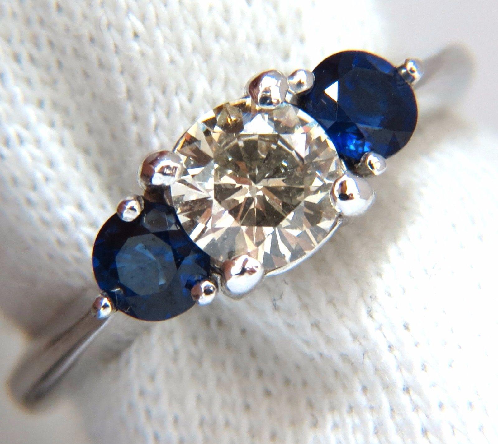 Round Cut 1.44 Carat Natural Round Diamond and Sapphire Three-Stone Classic 14 Karat For Sale