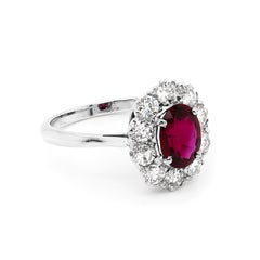 1.44 Carat Natural Ruby and Diamond Coronet Cluster Platinum Engagement Ring