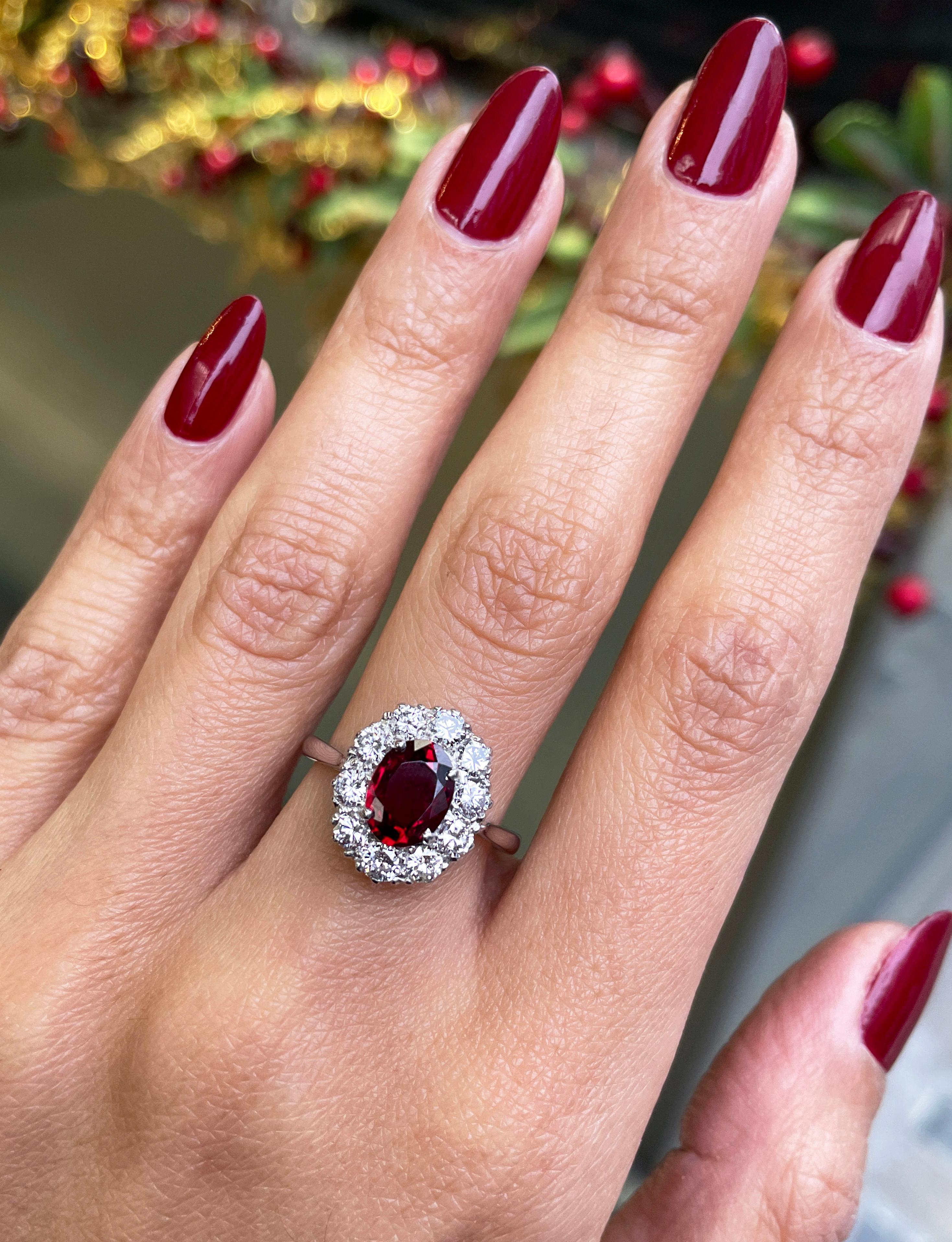 Oval Cut 1.44 Carat Natural Ruby and Diamond Coronet Cluster Platinum Engagement Ring For Sale