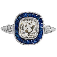 1.44 Carat Old European Cut Diamond Sapphire Platinum Ring 6.5