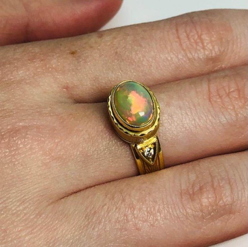 1.44 Carat Opal & Diamond, Yellow Gold Bezel Set Handmade Engraved Dome Ring 5