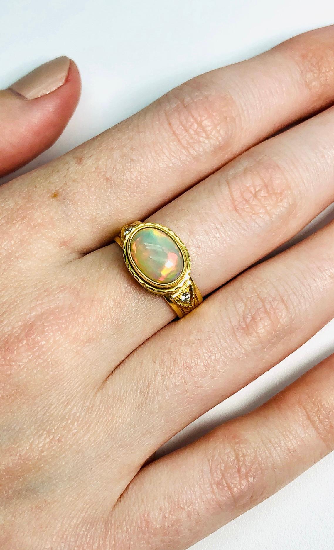 1.44 Carat Opal & Diamond, Yellow Gold Bezel Set Handmade Engraved Dome Ring 4