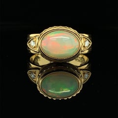 1.44 Carat Opal & Diamond, Yellow Gold Bezel Set Handmade Engraved Dome Ring