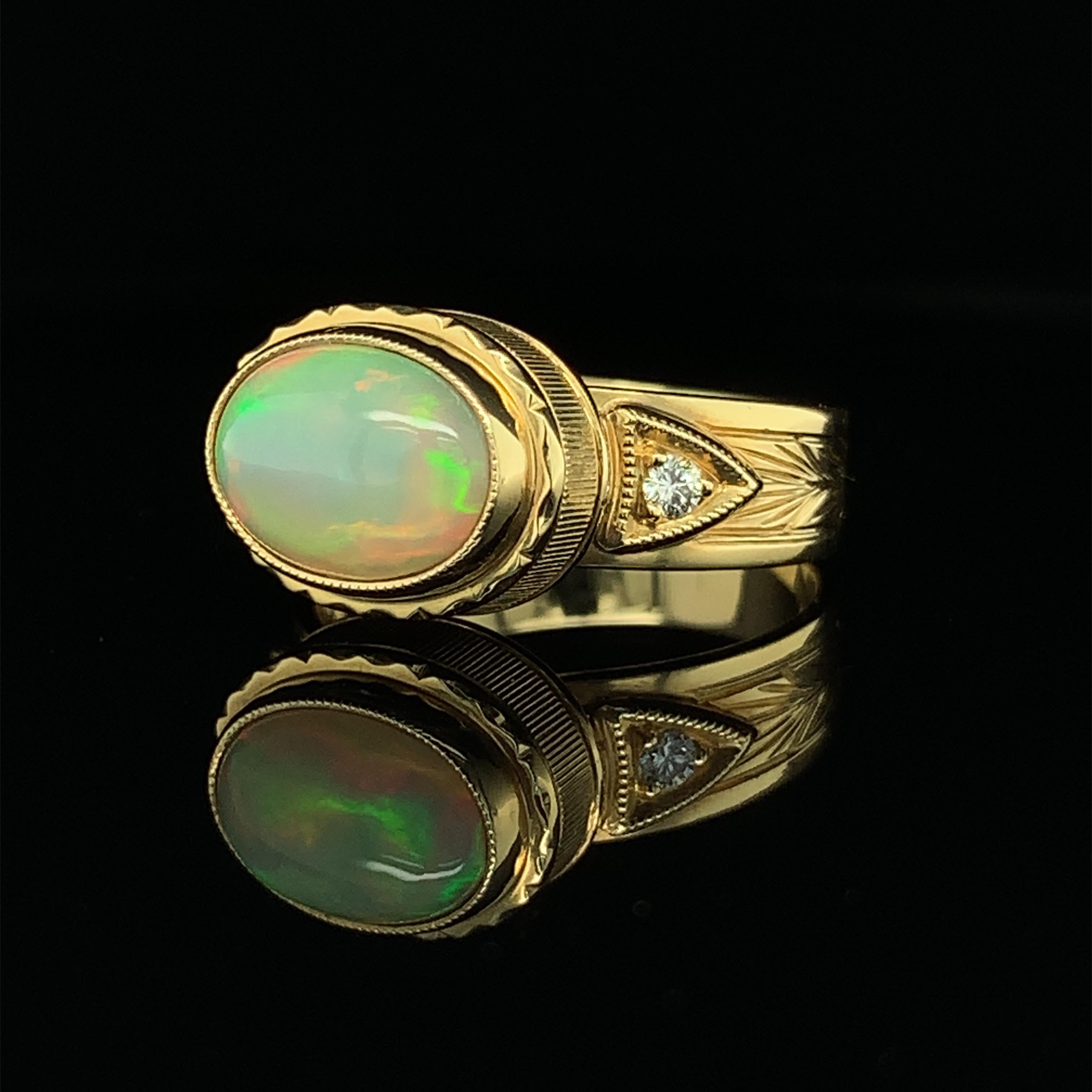 Artisan 1.44 Carat Opal & Diamond, Yellow Gold Bezel Set Handmade Engraved Dome Ring