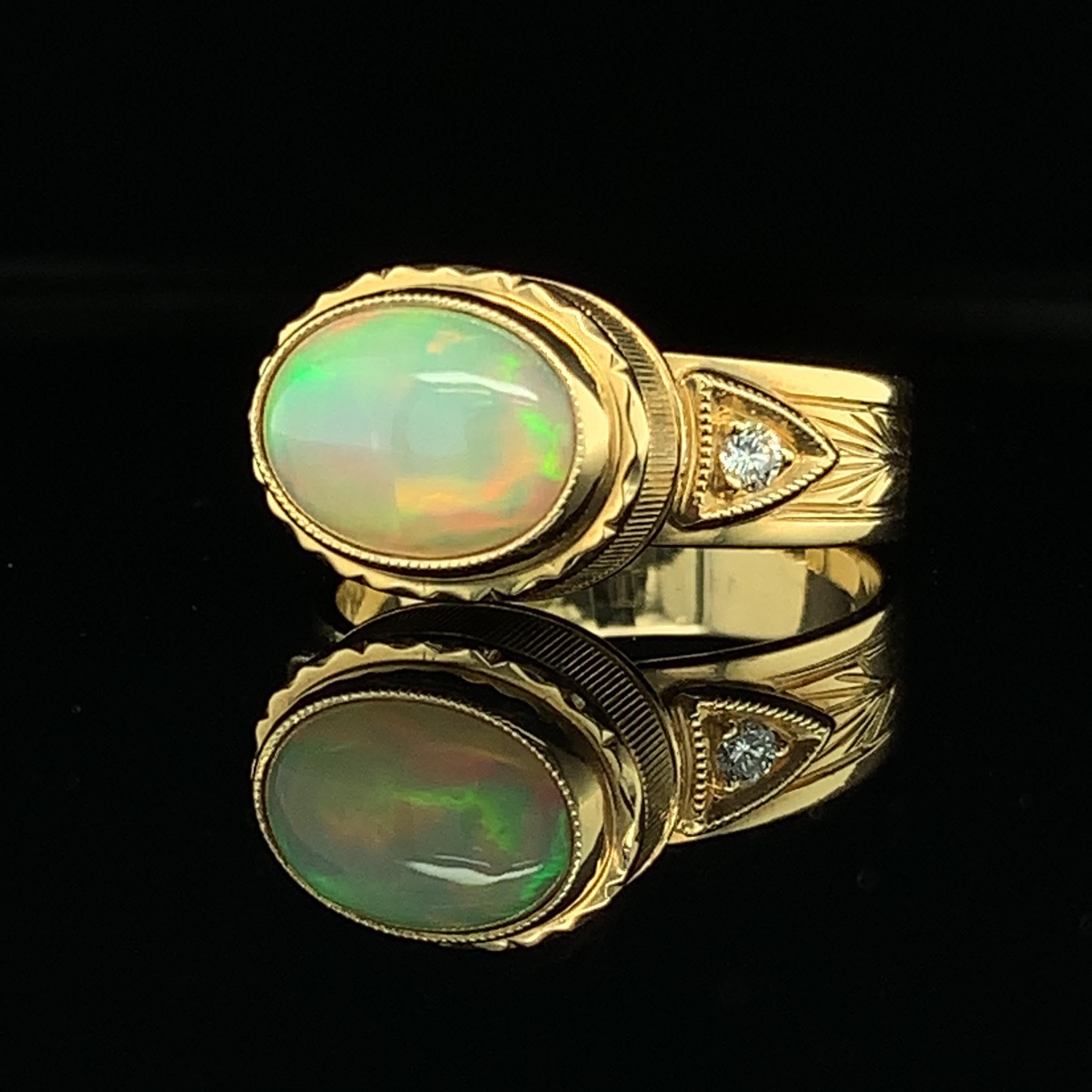 Oval Cut 1.44 Carat Opal & Diamond, Yellow Gold Bezel Set Handmade Engraved Dome Ring