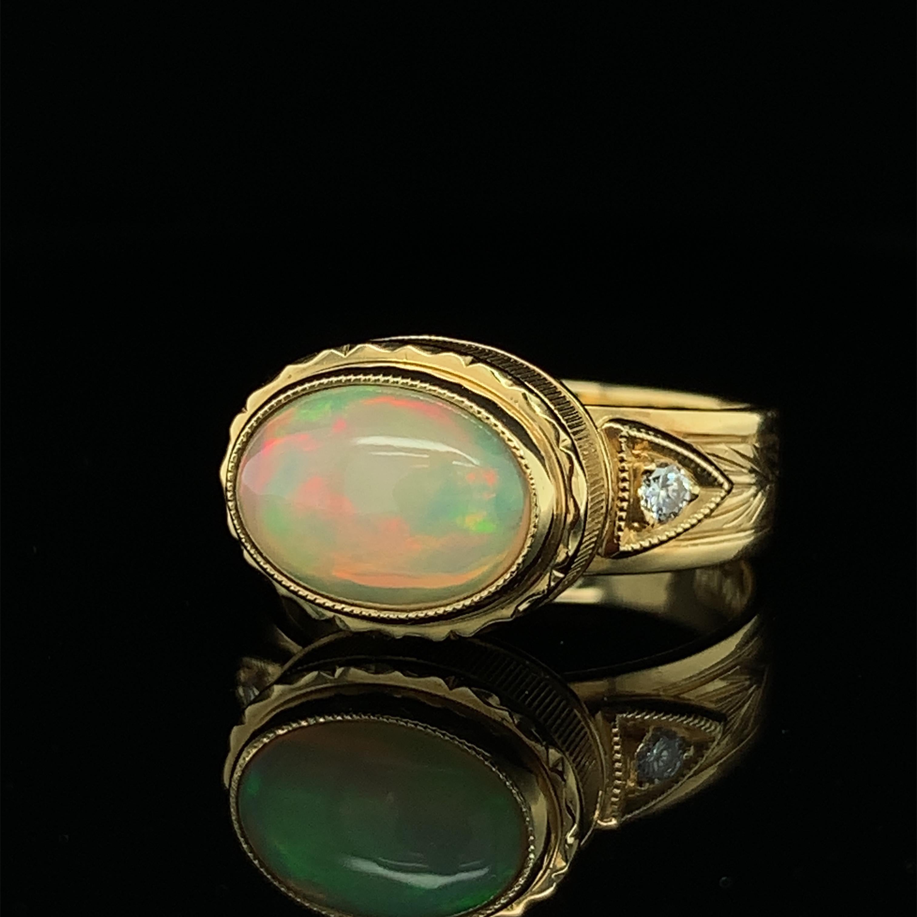1.44 Carat Opal & Diamond, Yellow Gold Bezel Set Handmade Engraved Dome Ring In New Condition In Los Angeles, CA