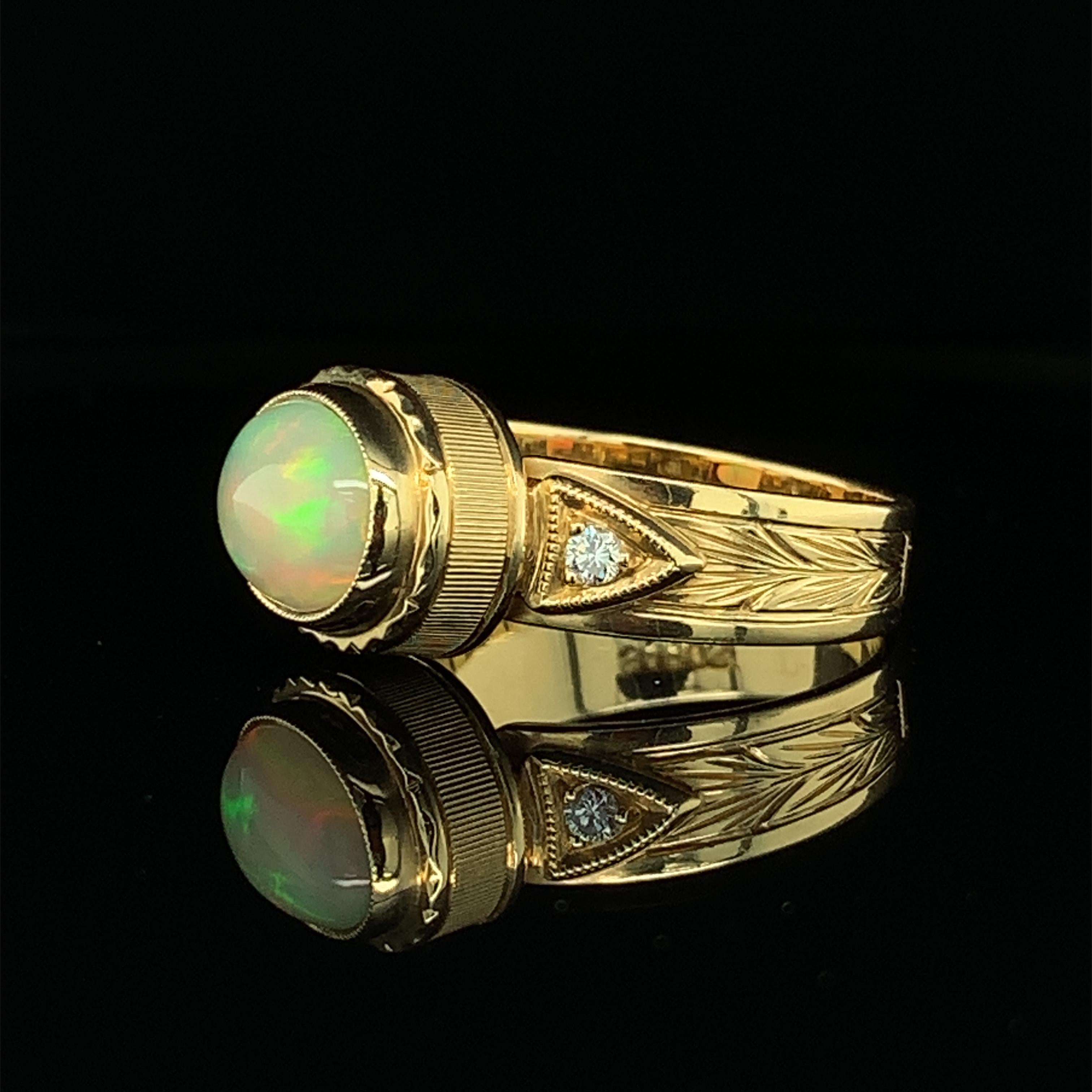 Women's 1.44 Carat Opal & Diamond, Yellow Gold Bezel Set Handmade Engraved Dome Ring