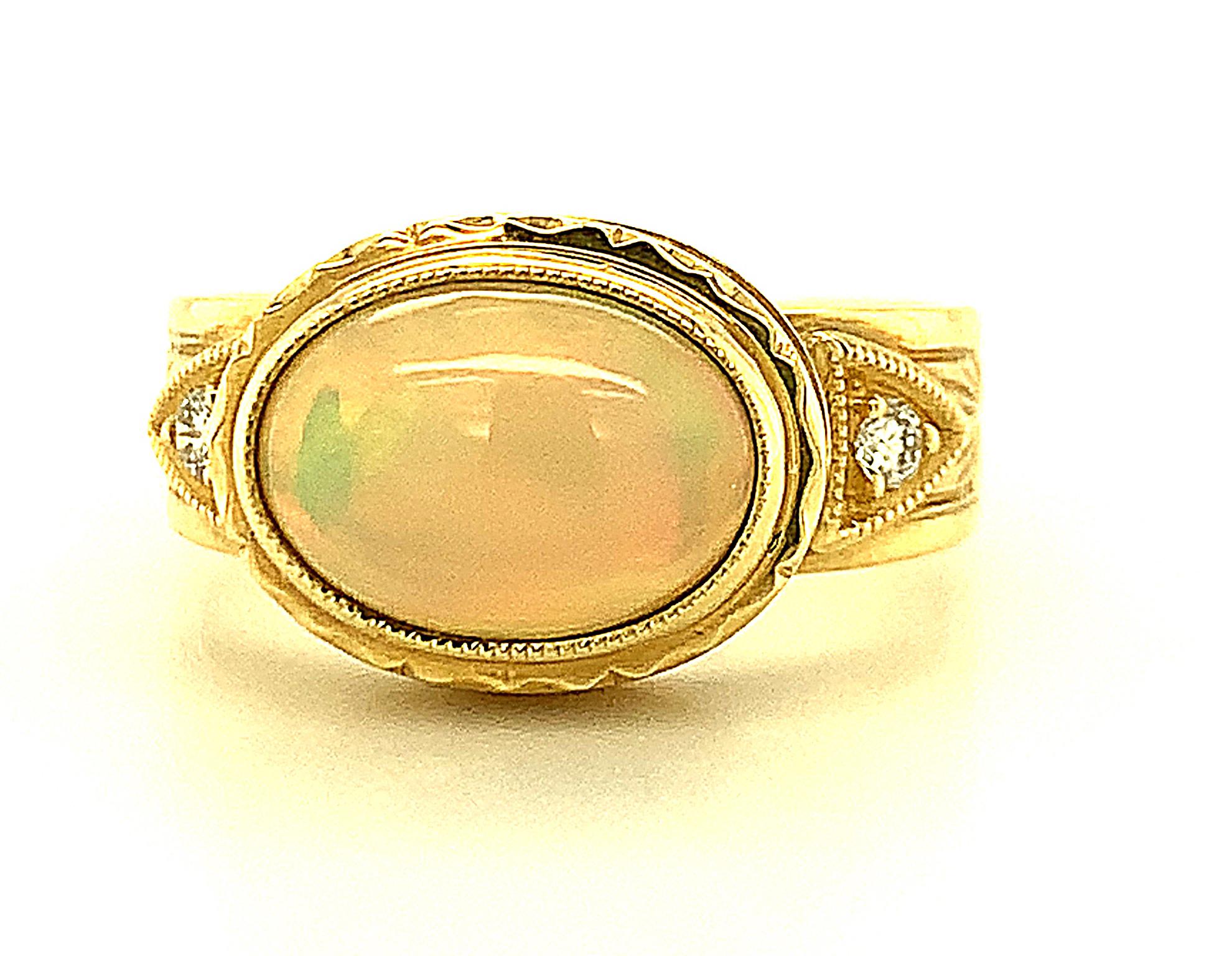 1.44 Carat Opal & Diamond, Yellow Gold Bezel Set Handmade Engraved Dome Ring 2