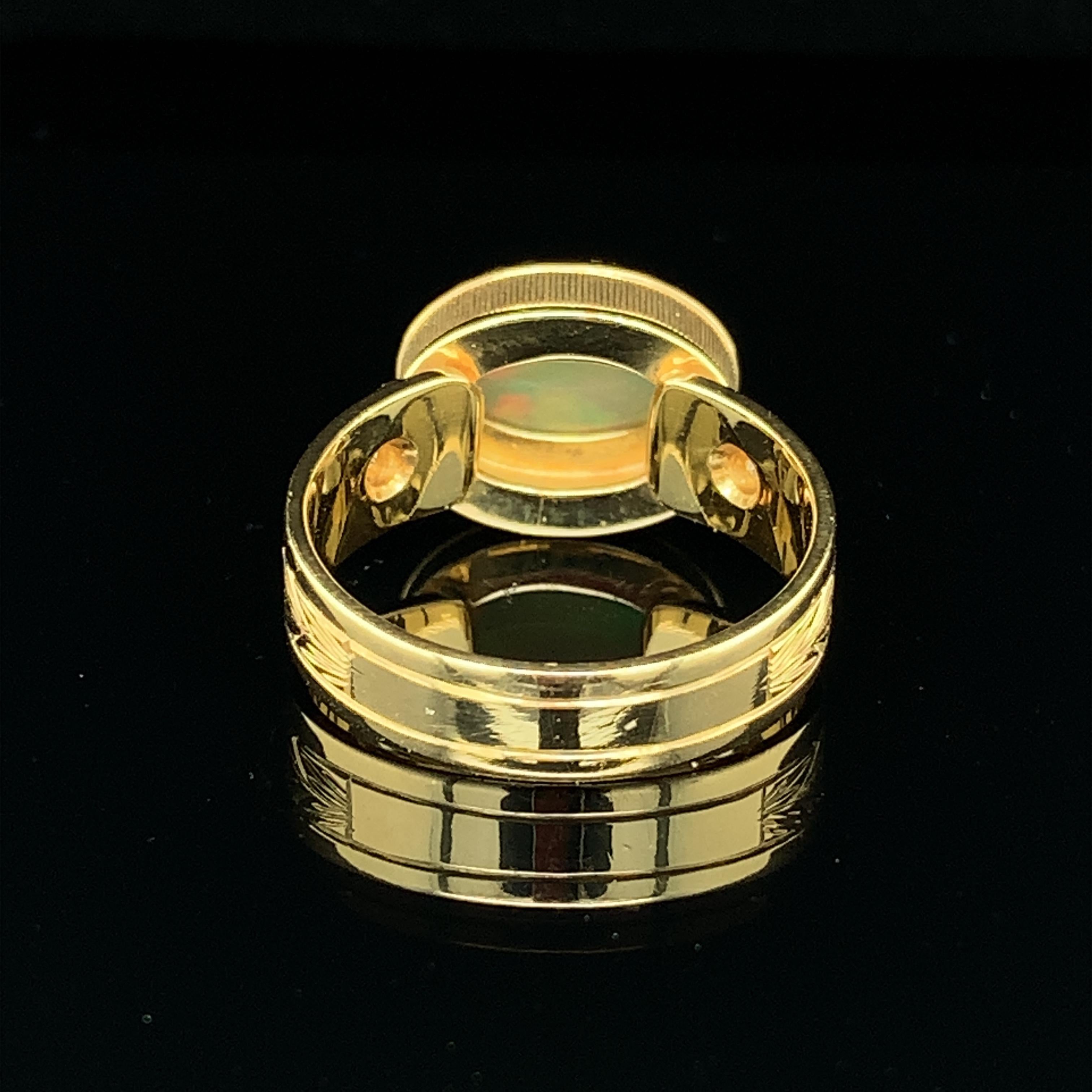 1.44 Carat Opal & Diamond, Yellow Gold Bezel Set Handmade Engraved Dome Ring 1