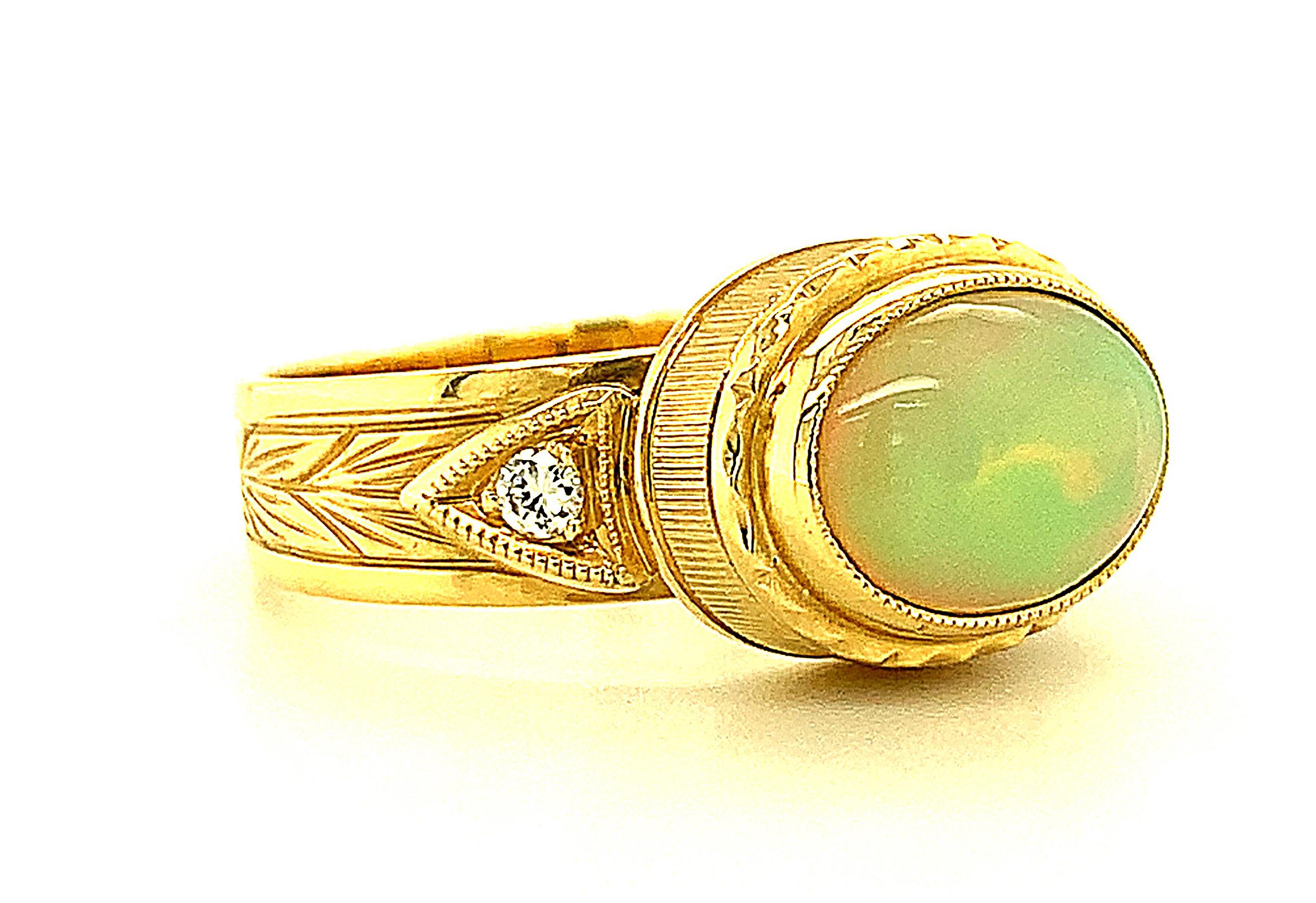 1.44 Carat Opal & Diamond, Yellow Gold Bezel Set Handmade Engraved Dome Ring 3