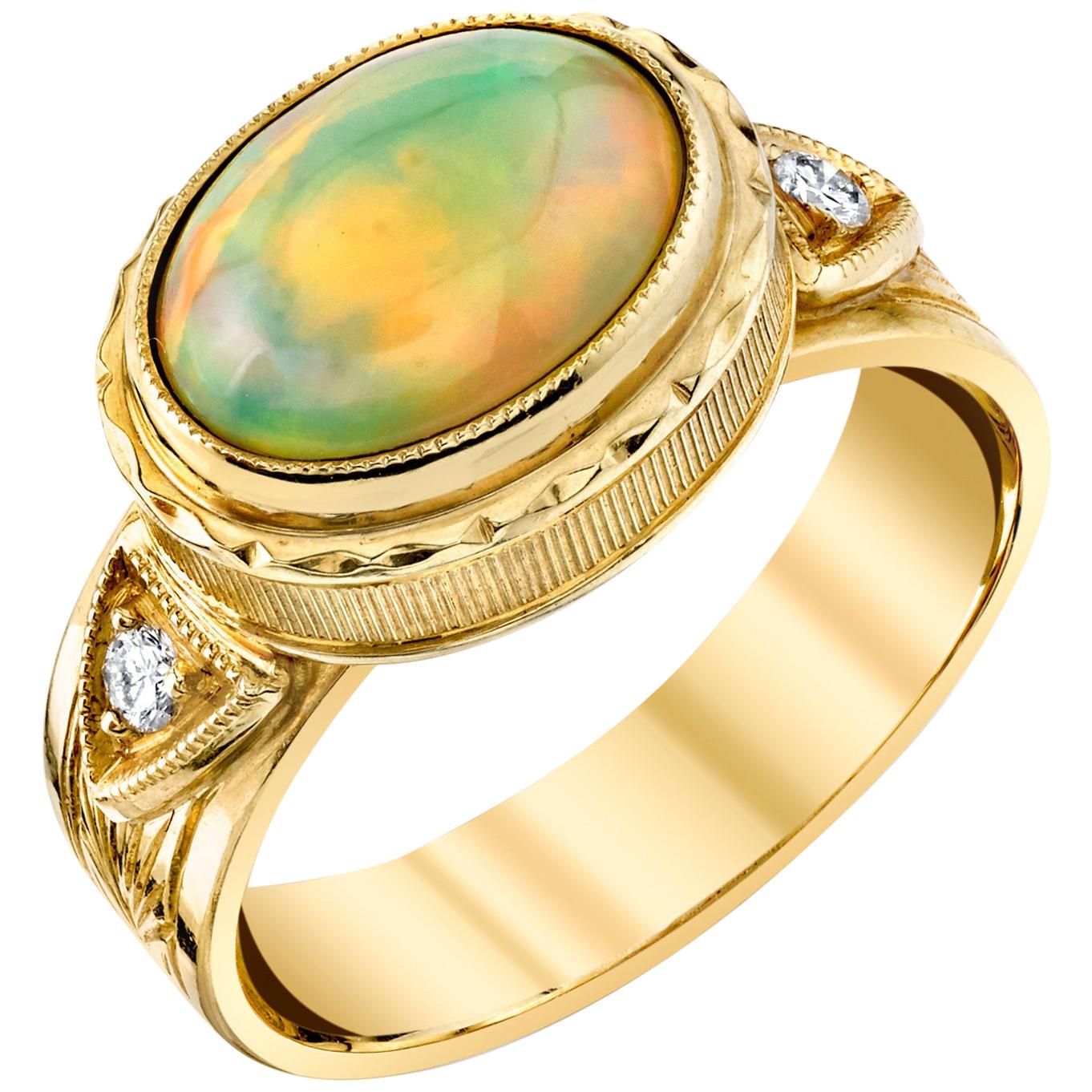 1.44 Carat Opal & Diamond, Yellow Gold Bezel Set Handmade Engraved Dome Ring