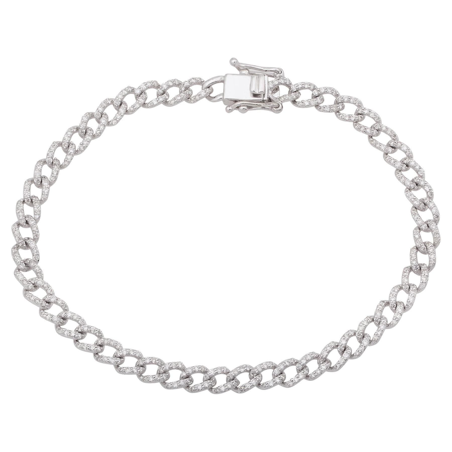Pulsera de eslabones cubanos con diamantes pavé de 1,44 quilates Oro blanco macizo de 10 quilates Joyería unisex