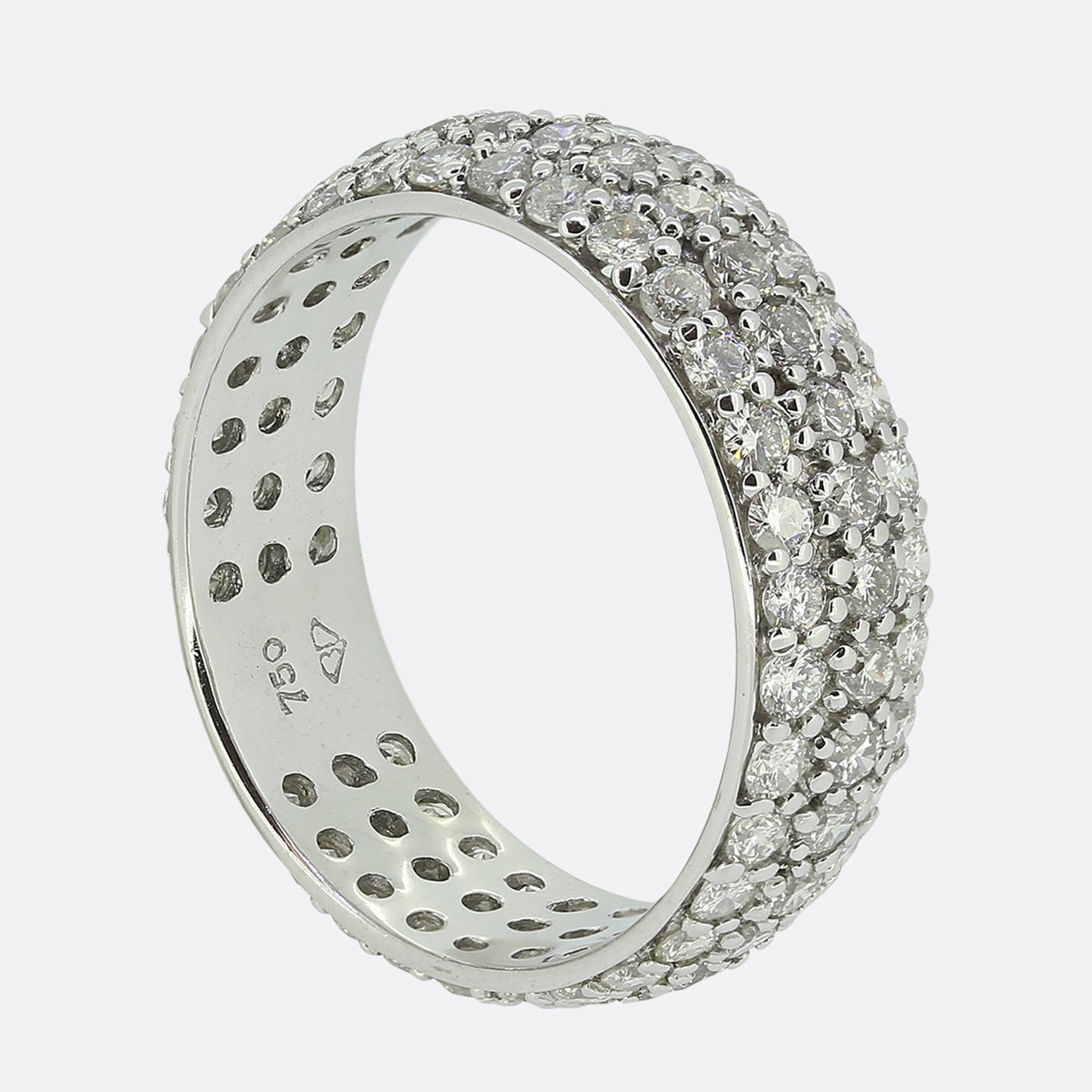 Here we have an 18ct white gold pavé set diamond band ring. The ring is set with 96 round brilliant cut diamonds which spread across the three rows around the entirety of the band. 

Condition: Used (Very Good)
Weight: 4.2 grams
Ring Size: O