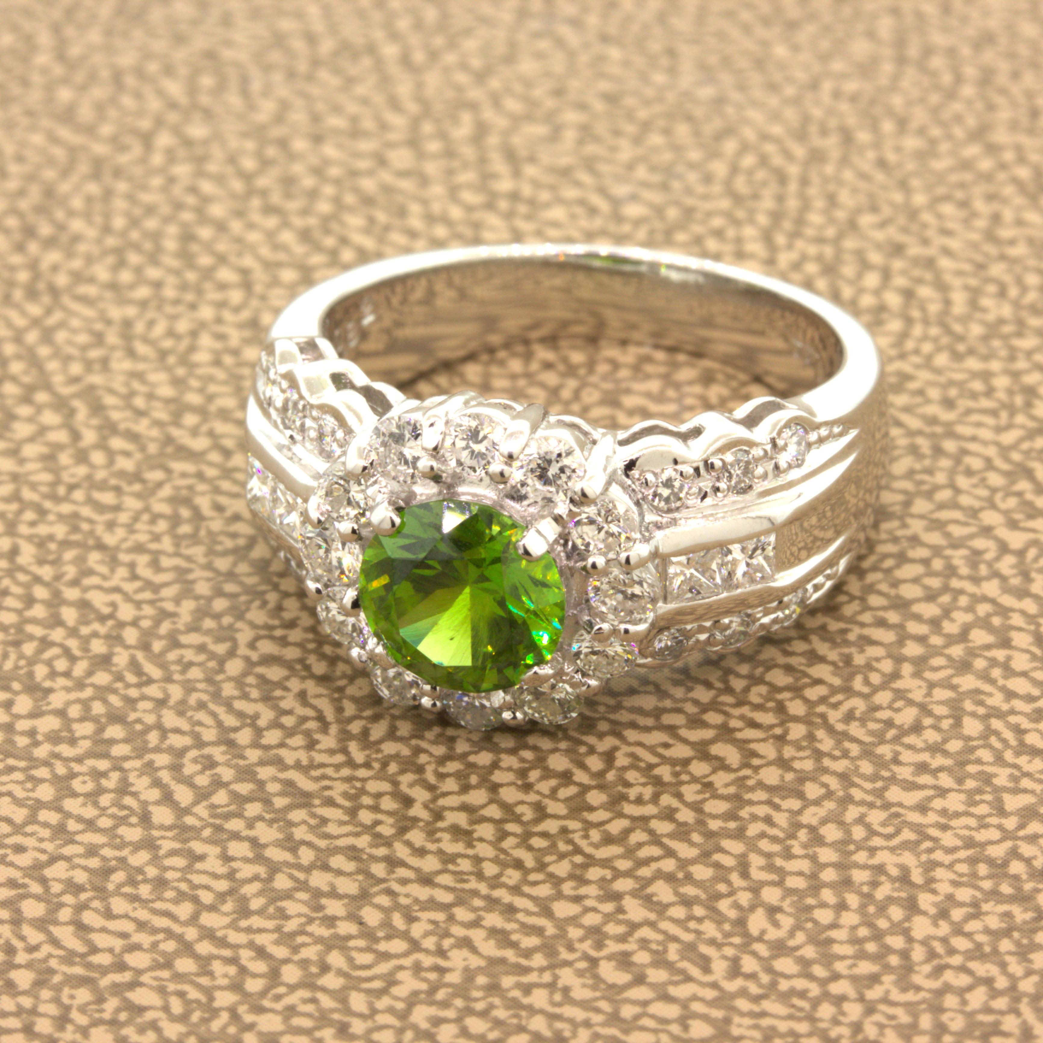 1,44 Karat Russischer Demantoid Granat Diamant Platin Ring (Ovalschliff) im Angebot