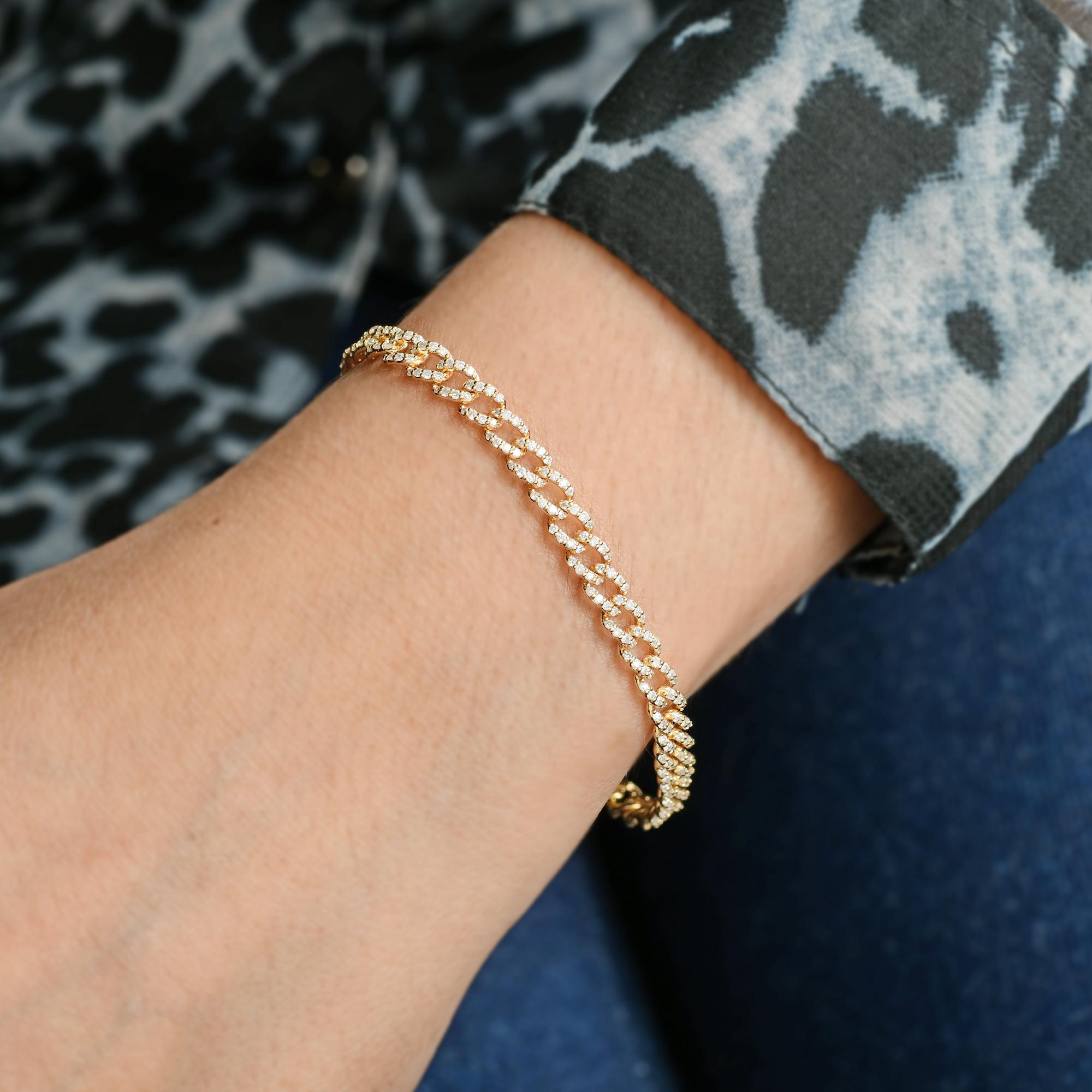Taglio rotondo 1,44 Carati SI Chiarezza HI Colore Diamante Bracciale Cubano a Catena Oro Giallo 10 Carati in vendita