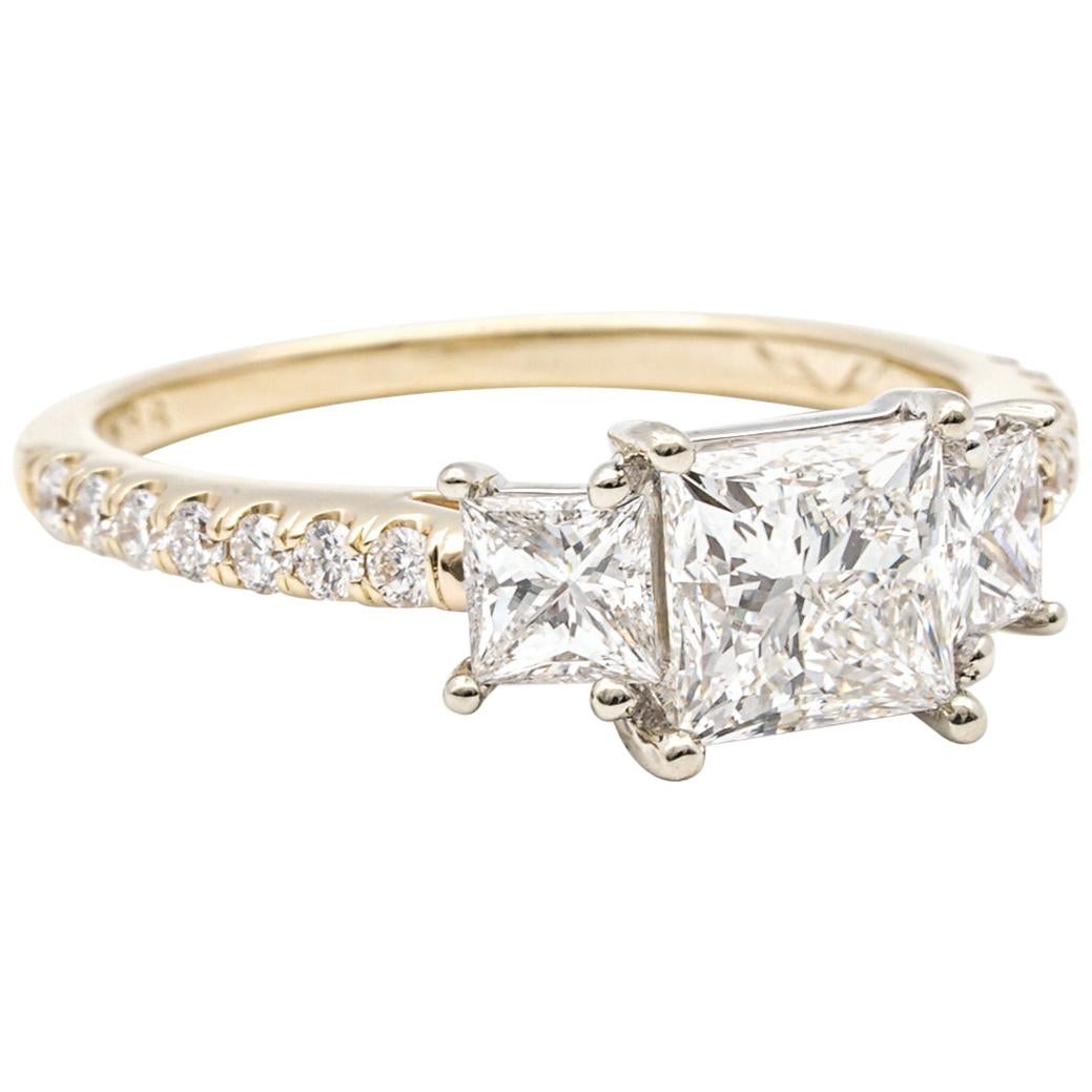 1.02Ct GIA CTR 14K Yellow Gold 3 Stone Princess Cut Diamond Engagement Ring