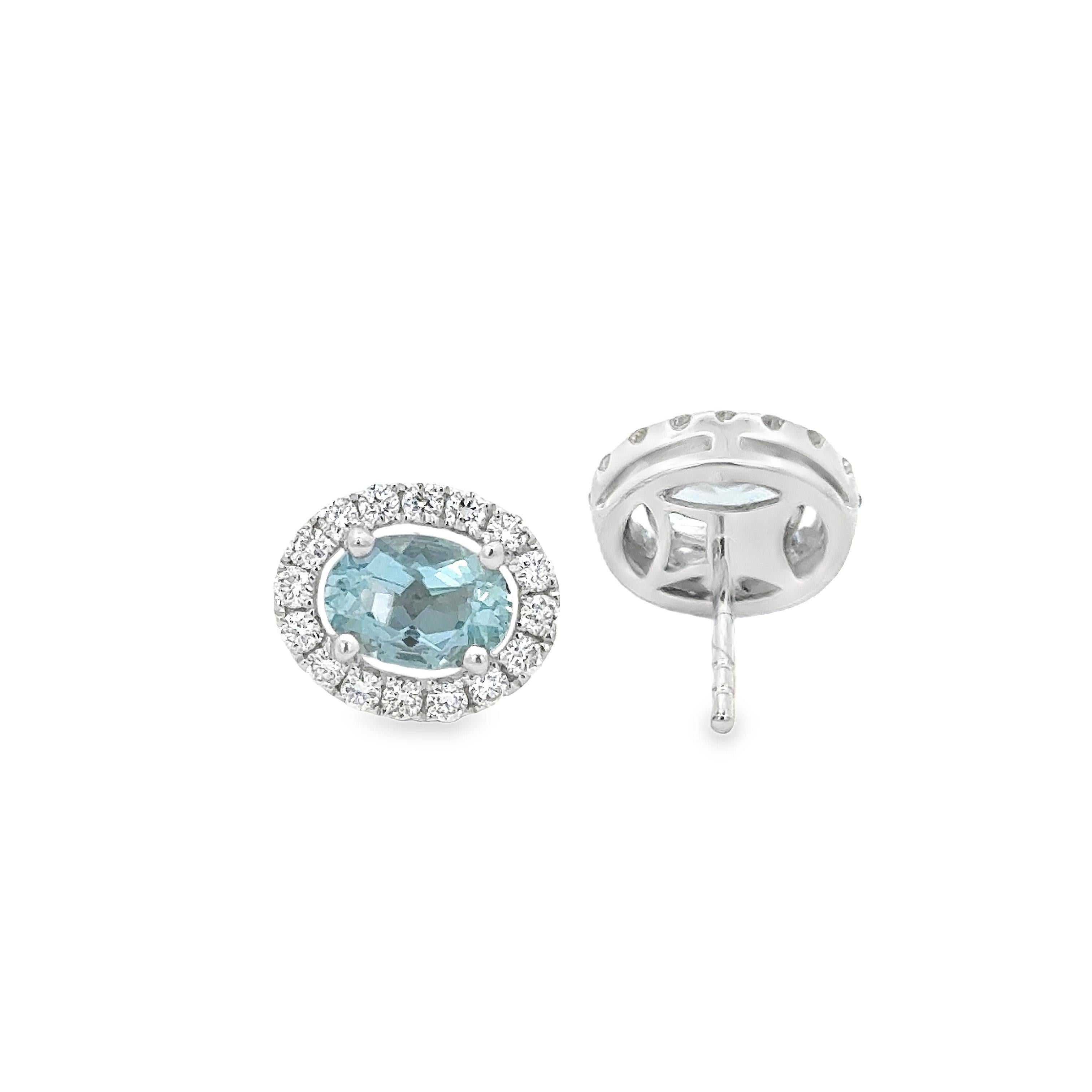 Contemporary Roman Malakov 1.44 Carats Oval Cut Aquamarine & Diamond Halo Stud Earrings For Sale