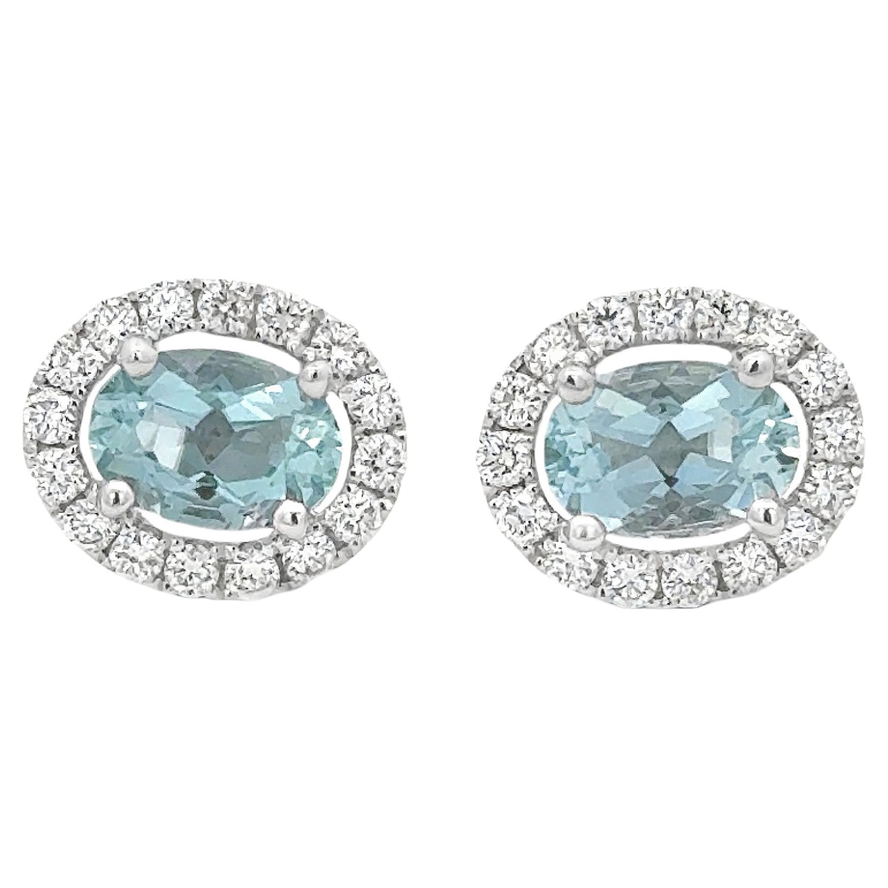 Roman Malakov 1.44 Carats Oval Cut Aquamarine & Diamond Halo Stud Earrings