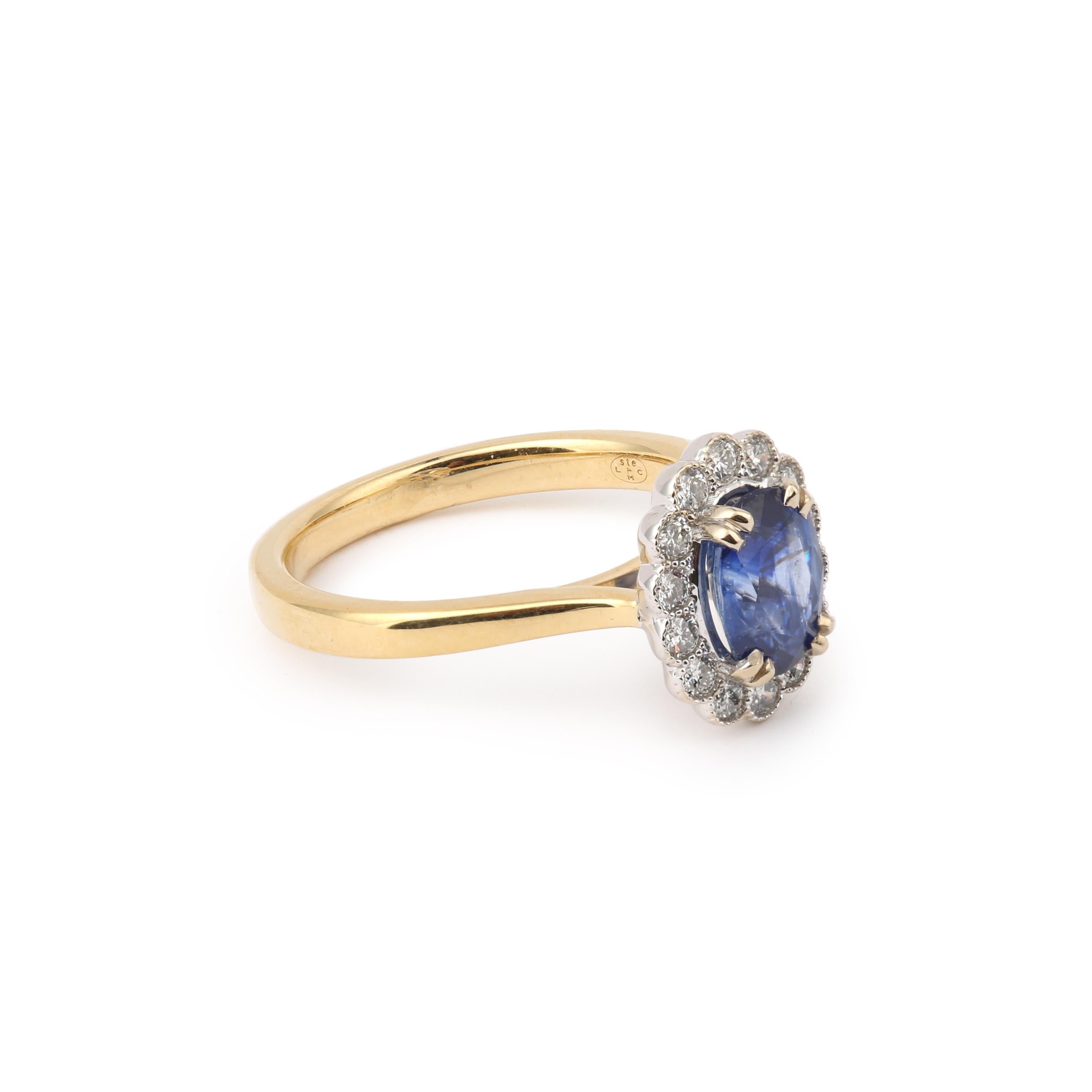 Yellow gold pompadour ring set with an oval-cut sapphire in a diamond setting.

Weight of the sapphire : 1.44 carats

Total weight of diamonds: 0.30 carats

Dimensions: 11.95 x 10 x 7.38 mm (0.470 x 0.393 x 0.290 inch)

Finger size : 53 (US : 6