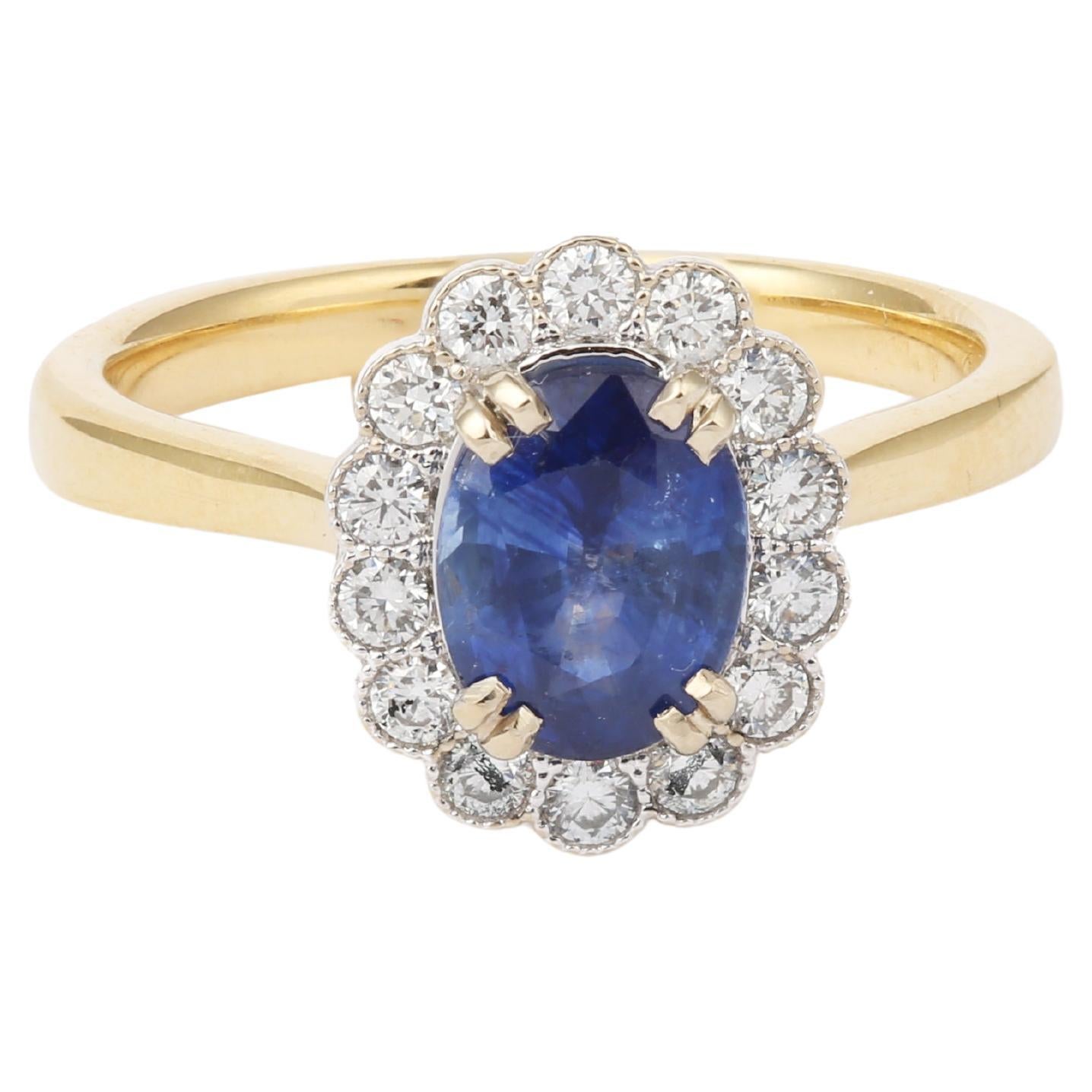 1.44 Carats Sapphire Diamonds 18 Carats Yellow Gold & White Gold Pompadour Ring For Sale