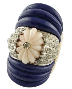 1.44 Carat Diamonds, 1.30 G Pink Coral, 5.40 G Lapis Rose and Gold Fashion Ring