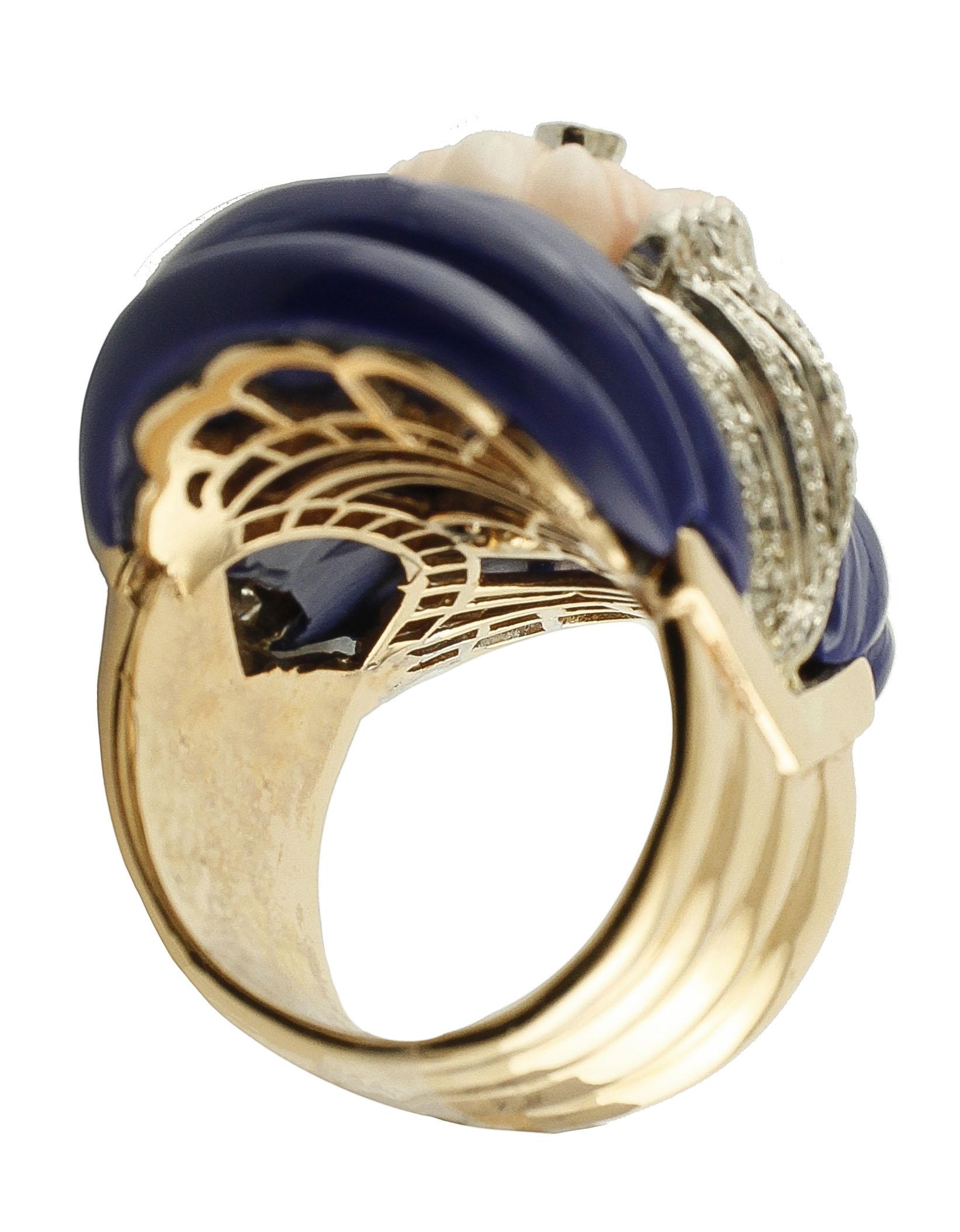 Brilliant Cut 1.44 Carat Diamonds, 1.30 G Pink Coral, 5.40 G Lapis Rose and Gold Fashion Ring For Sale