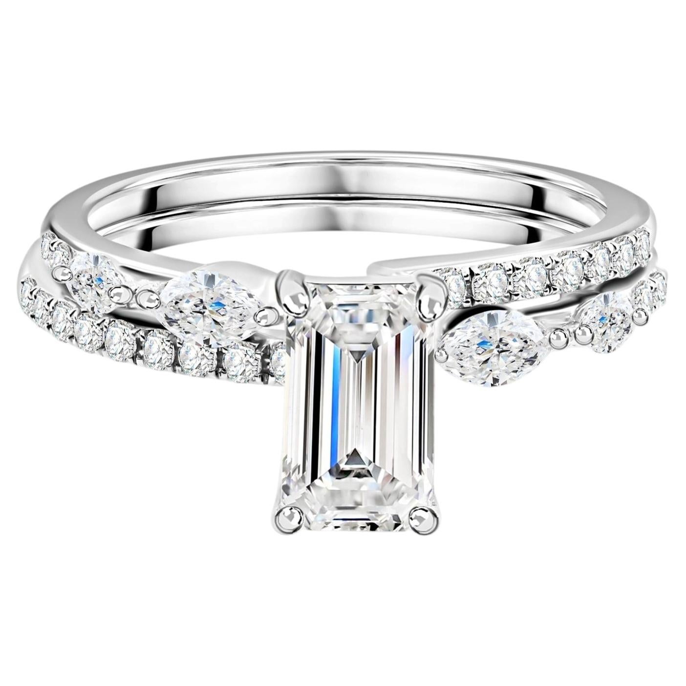 1.44 Ct Natural Diamond Emerald Cut Engagement & Contour Band Set 18K White Gold