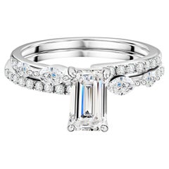 1.44 Ct Natural Diamond Emerald Cut Engagement & Contour Band Set 18K White Gold