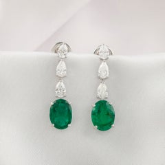 1.44 Ct Natural Pear Diamond 4.37Ct Zambian Emerald Drop Earrings 18K White Gold