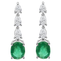 1.44 Ct Natural Pear Diamond 4.37Ct Zambian Emerald Drop Earrings 18K White Gold