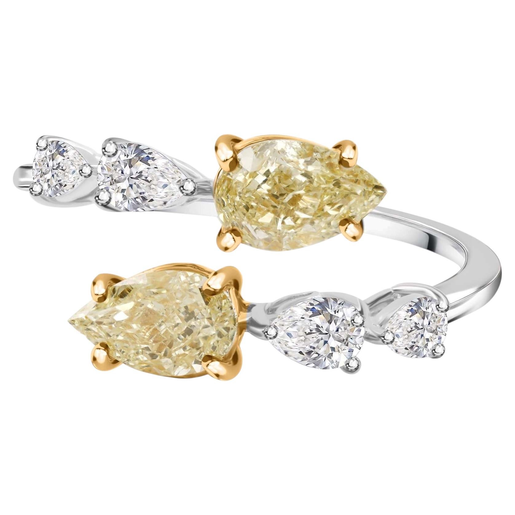 1.44 Ct. Pear Shaped Yellow Diamond Ring 18K Two Tone Gold Designer Diamond Ring For Sale